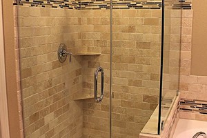 SHOWER - ANATOLIA 3X6 TUMBLED IVORY TRAVERTINE AND BLISS CAPUCCINO LINEAR BLEND